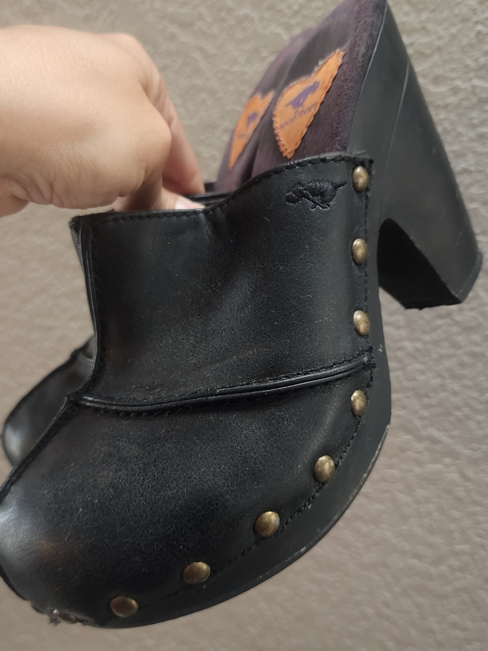 Y2K Rocket Dog Black Patchwork Studded Chunky Women's Clog Mule Heels, Sz 9